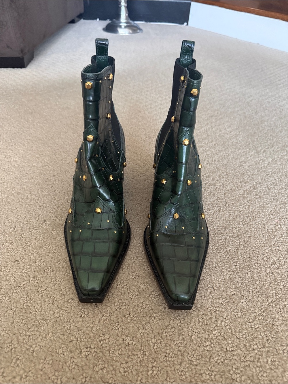 Vince camuto Women's Dark Green Croc-Embossed gold Studded Ankle Boots